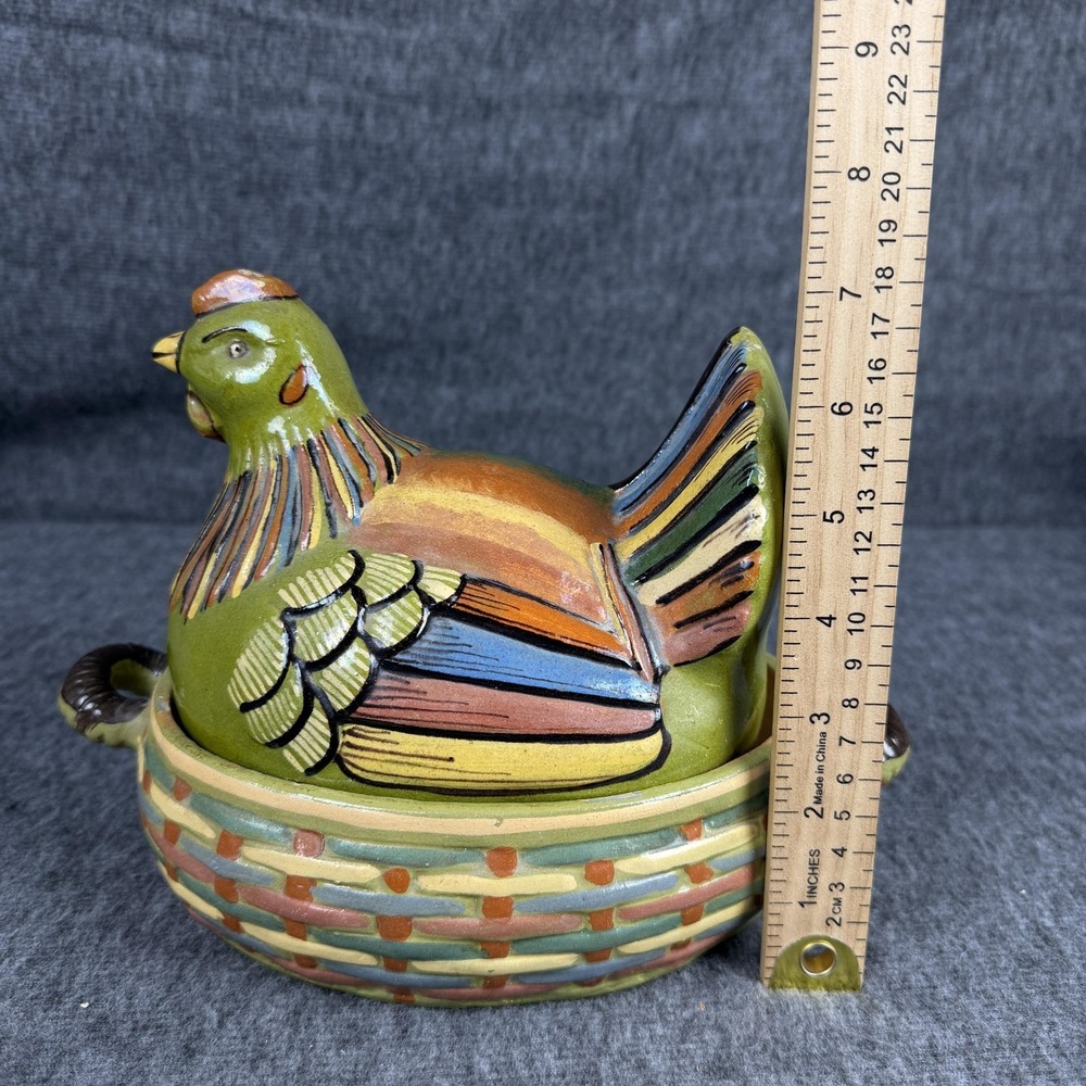 Vintage Mexican Multicolor Ceramic Hen Chicken Nest Dish Terracotta Folk Art - Picture 12 of 12